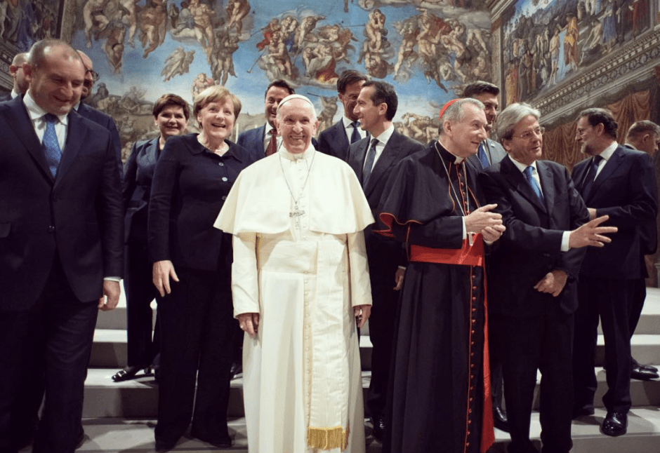 Los líderes europeos con el papa en Roma en marzo de 2017.